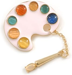 Gold Tone Enamel Artist Paint Palette with Dangling Brush Brooch - 35mm Wide