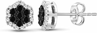 JEWELEXCESS Black & White Diamond Earrings for Women Sterling Silver – Premium Cluster-Shaped Black Diamond Studs – Hypoallergenic Sterling Silver Stud Earrings for Women with Secure Push-Back Closure