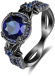 Gothic Black Rings for Women, Mystic Rainbow Topaz with Created Amethyst Flower Goth Black Gold Wedding Engagement Ring Size 6 to 11