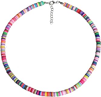 The Woo's Surfer Choker Lightweight Soft Polymer Clay Necklace Colorful African Vinyl Disc 6mm Beades Necklace Collar Adjustable Handmade Boho Beach Jewelry for Women Girls-Colorful