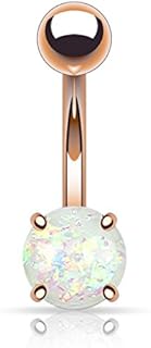 Fifth Cue 14G Stainless Steel Belly Button Ring – Elegant Prong-Set Imitation Opal in Rose Gold Finish – Designed for Comfort and Style