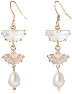 Vintage Art Deco Pearl Dangle Drop Earrings - 14K Gold Boho Multi-Color Crystal & Pearl Collection for Elegant Everyday Fashion Trendy Statement Earrings, Wedding, Bridal, Prom, Formal Events