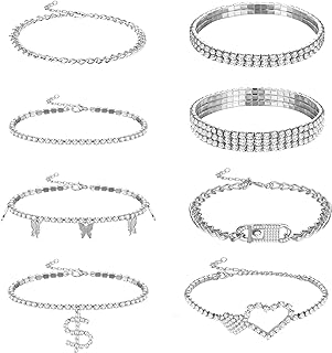 Dochais 8pcs Women's 14k Gold Plated Cuban Link Anklet Set - Lobster Claw Clasp, Cubic Zirconia Gems, Adjustable Size, For Casual & Special Occasions, Ideal Gift