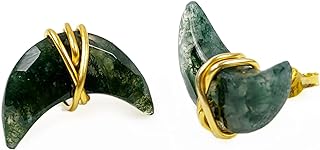Moon-Shaped Moss Agate Stud Earrings with Sterling Silver Back Finding for Women, Healing Crystal Design