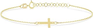 Women's 14k Yellow Gold Charm Bracelet with Cable Chain and Spring Ring - Cross Crucifix Design Bangle, Adjustable 6" to 7", Jewelry Gift from Turkey