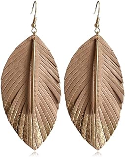 Handmade Bohemian Lightweight Soft Genuine Leather Feather Leaf Dangle Drop Earring Sparkle Real Leather Large Leaf Hook Earrings With Simple Drop Metal Bar for Women Girls Statement Jewelry Gifts