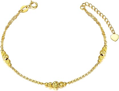 Women's 18K Solid Gold Double Chain Bracelet with Diamond Cut Beads and Spring Ring Clasp, Box Chain Design