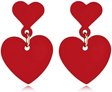 MIGUO STORE Chic Red Enamel Long Heart Stud Earrings Red Tassel Interlocking Heart Drop Dangle Earrings for Women Girls Christmas Valentine’s Day Gift