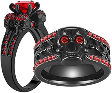 Couple Rings Matching Ring Black Skull Ring Red CZ Womens Wedding Ring Sets Man Wedding Bands