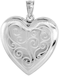 1 inch Sterling Silver Heart Locket Necklace for Women 4 Picture Scroll Engraved 16-20 inch