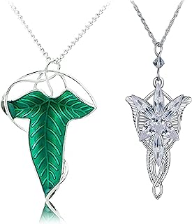 HJYZY 2pcs Lord of The Ring Hobbit Necklace Vintage Green Leaf Elven Pin Brooch Pendant Chain Necklace