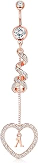 Rose Gold 14G Initial A Belly Ring for Women with Cubic Zirconia Heart Pendant, 316L Stainless Steel Dangle Navel Piercing Jewelry
