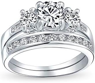 Bling Jewelry Personalize Vintage Art Deco Style Past Present Future Cubic Zirconia 1-3CT Brilliant Cut Round Solitaire 3 Stone CZ Anniversary Engagement Ring Set Band For Women .925 Sterling Silver