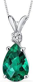 PEORA Created Emerald with Genuine Diamond Pendant for Women 14K White Gold, Elegant Teardrop Solitaire, Pear Shape, 10x7mm, 1.75 Carats total