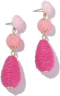 Boho Raffia Earrings Statement Dangle Earrings Cute Teardrop Ball Earrings Colorful Summer Jewelry Handmade Rattan Earrings for Women