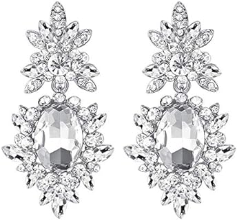 Copper Clasp Mecresh Flower Pearl Drop Earrings with Dangling Crystal Gems for Women & Girls - Bridal Wedding Design in Silver/Gold Tone