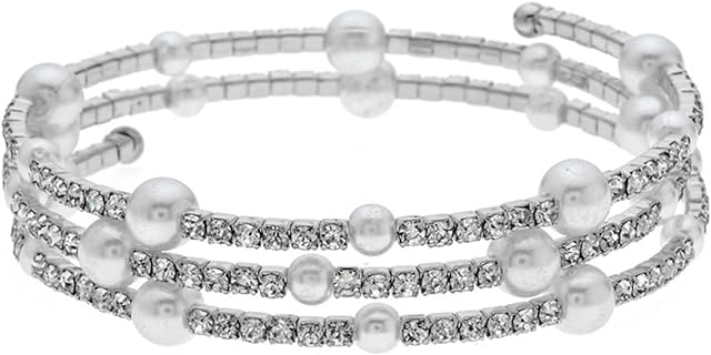 No-Clasp Multilayer Bead Chain Pearl Bangle Bracelet with Rhinestones for Women in Silver Alloy Metal Design - Wedding/Anniversary Gift