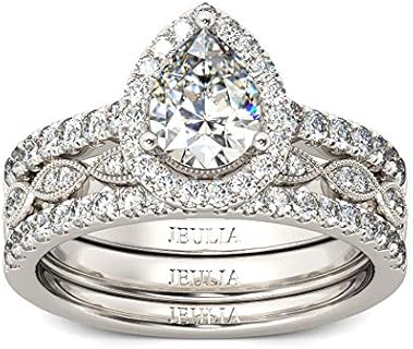 Jeulia Halo Pear Cut Ring Set CZ Heart Shape Engagement Ring for Women Sterling Silver White Diamond Bridal Set Valentine's Promise Anniversary rings with Jewelry Gift Box