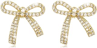 Zinc-crafted, Crystal-Adorned Bow Stud Earrings with Pearl Details for Women - Elegant Teardrop Design with Lightweight Chain Tassel