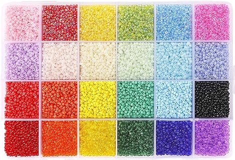Quefe Round Rainbow Glass Seed Beads, 2mm Size, 24 Color Variety Bracelet Beads Set in Durable and Glossy Finish, Perfect for DIY Jewelry Making