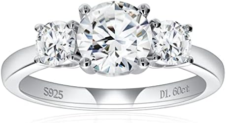 Three-Stone Round Cut Moissanite Engagement Ring for Women in 18K White Gold Plated Silver, Size 5-11, Ideal Promise/Anniversary Gift