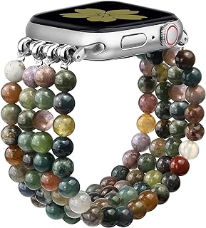 No Buckle Natural Stone Beaded Bracelet Compatible with Apple Watch Series 1-9 For Women, Unique Adjustable Elastic Strap For iWatch Bands 38mm-49mm, Environmentally-Friendly Turquoise and Indian Agate Design