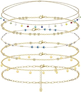 FIBO STEEL Women's 18K Gold Plated Belly Chain Body Jewelry with Adjustable Cubic Zirconia Alloy Waist Chains - Set of 6 Distinct Summer Beach Designs