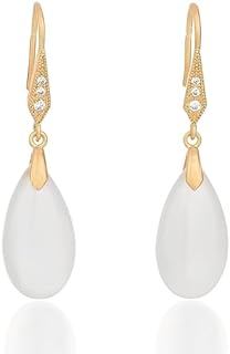 Jade Earrings for Women, White Jade Dangle Drop Teardrop Earrings 14K Gold Plated S925 Sterling Silver Hook Hypoallergenic Earrings Cute Jade Jewelry Gift for Teen Girls
