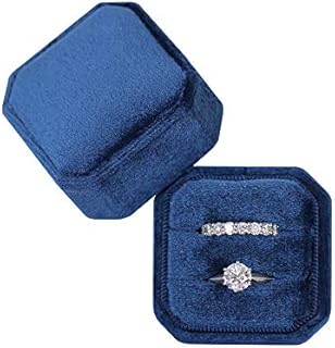 BLUTETE Velvet Wedding Ring Keepsake Box in Navy Blue, Square Octagonal Design with 2 Slots, Ideal for Men and Women Displaying Engagement and Wedding Rings