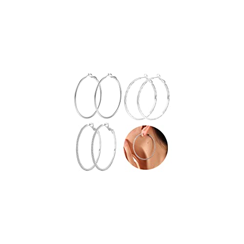 PRETOLE 3 Pairs 925 Sterling Silver Hoops Earrings for Women, Sterling Silver Large Rhinestone Hoop Earrings with Cubic Zirconia Lightweight Hypoallergenic Big Sterling Silver Earrings Set for Women