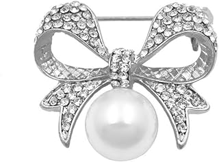 Crystal Bow Brooch Pin White Pearl Bowtie Ribbon Lapel Pin Rhinesonte Bow Knot Badges for Clothing Bag Hat Pants Birthday Christmas Gift
