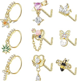 MJust 20G Dangle Nose Ring L Shaped Dangling Nose Stud for Women Stainless Steel Nose Ring Studs CZ Flower Dangle Nose Rings Hoops Nose Piercing Jewelry with Charm