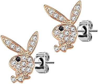 Playboy Limited Edition 316L 20G Surgical Steel Rose Gold Cz Stone With Black Eye Bunny Earring Studs