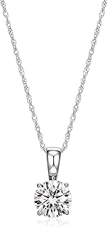 Rhodium-Plated 14K White Gold Solitaire Diamond Pendant Necklace, with Carat Lab Grown Diamond, 14 Karat White Gold Rope Chain, Lab Grown Diamond Necklaces for Women