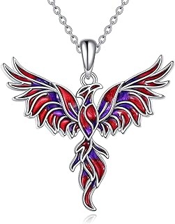 YAFEINI 925 Sterling Silver Phoenix Pendant Necklace - Rolo Chain Accessory for Women and Girls with Purple-Red Dripping Oil Design
