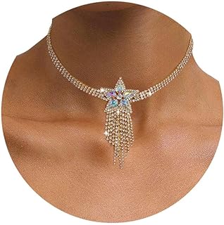 ELABEST Rhinestone Star Necklace Sparkly Tassel Choker Crystal Tennis Chain Nightclub Party Jewelry for Women and Girls