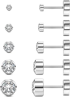 YADOCA Titanium Earrings For Sensitive Ears Titanium Flat Back Earrings Set For Women Men G23 Pure Titanium Earrings Studs Cubic Zirconia Hypoallergenic Titanium Screw Back Cartilage Earring 5 Pairs 2-6mm