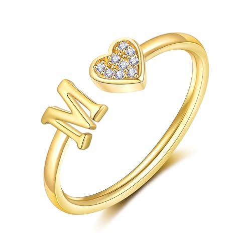 Heart Initial Ring for Women Teen Girls Silver Rose Gold Plated Heart Capital Letter Initial Rings Stackable Rings for Women Girls Adjustable Heart Alphabet Letter Rings Jewelry Gifts for Women