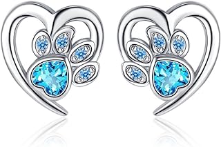 Blue CZ Paw Print Small Stud Earrings Shiny Cubic Zirconia Unicorn Cute Animals Tiny Studs for Women Girls Dainty Silver Plated Hypoallergenic Push Back Stud Earrings Birthday Christmas Piercing Jewelry Gifts