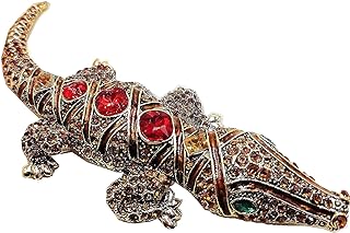 CYPINA Vintage Enamel & Crystal Red Stone Accent Champagne Brown Large Alligator Brooches Pins Dangerous Animal Jewelry