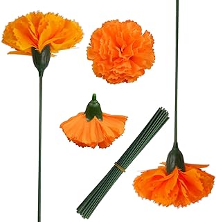 Zilphoba 50Pcs Artificial Marigold Flowers, 2‘’ Silk Heads with Stems for Diwali, Indian Festival, Day of The Dead Dia de Los Muertos, Mexican Party, Halloween, Altar DIY Decor