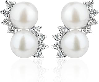 Pearlsays Natural Pearl Earrings for Women 925 Sterling Silver Bow Stud Handpicked Real White Cultured Freshwater Round Pearl Handmade Birthstone June Charm Cute Gifts
