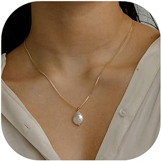 Pearl Necklaces for Women, 14K Gold Plated Handmade Dainty Pearl Chain Necklace Delicate Freshwater Pearl Pendent Necklace for Women Girls Everyday Jewelry Gift