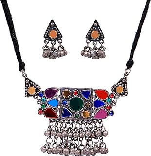 Indian Antique Afghani Silver Choker Necklace with Ghungroo Bells and Multi-Mirror Design - Adjustable, Oxidized Metal Boho Gypsy Tribal Jewelry for Women