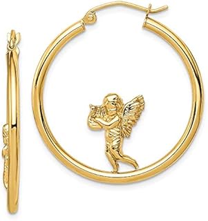 14k Yellow Gold Guardian Angel Design Hoop Earrings with Notched Post Back Finding for Women - 30x29mm