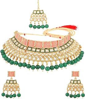 Lobster Clasp Green Beads Indian Necklace and Jewelry Set for Women, Traditional Bollywood Wedding Style, Copper-made