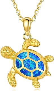 14K Yellow Gold Sea Turtle Pendant Necklace with Opal Gem and Cable Chain for Women, Adjustable Length 16-18 inches