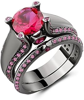 Black Rhodium Plated 925 Sterling Silver Created Pink Sapphire Engagement Wedding Ring Set
