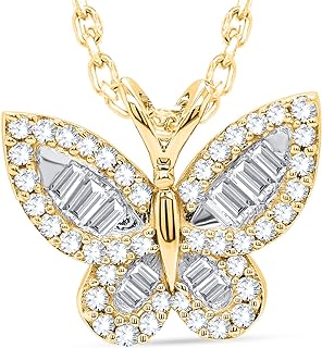 Mothers Day Gifts Blooming Garden Open Butterfly Diamond Pendant Necklace,1/4 cttw Baguette and Round Diamond Butterfly Necklace 14K Gold Plated Fine Jewelry Gift (0.26 Carat, Metal Stone, Diamond