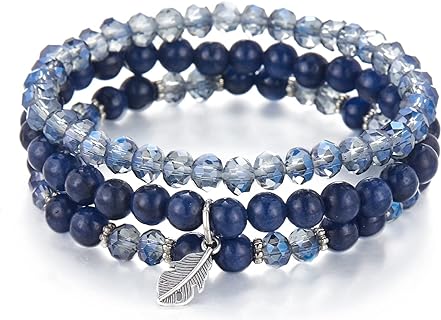 Women's Handcrafted Natural Stone and Crystal Beaded Bracelets by Noessla - Multi-Layered, Stackable Strand Design with Bead Chain - Stylish Boho Jewelry with Leaf Charm